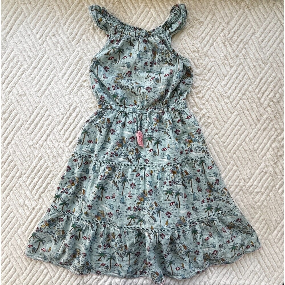 Fat Face Girls Size 7-8Y Beach Print Tiered Dress Aqua Tassel Summer Cotton Boho